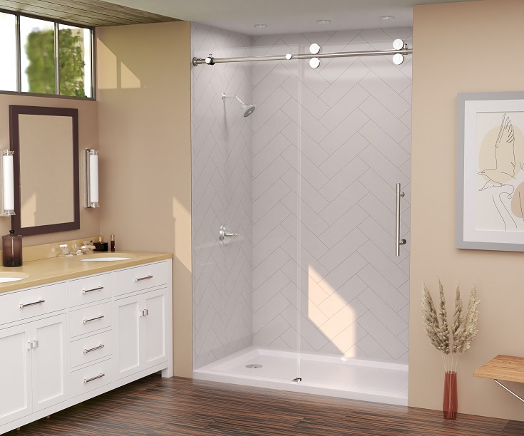 Tip 9 complete shower replacement alcove kit for small shower herringbone | Innovate Building Solutions #AlcoveShower #AlcoveShowerKit #ReplacementShowerKit