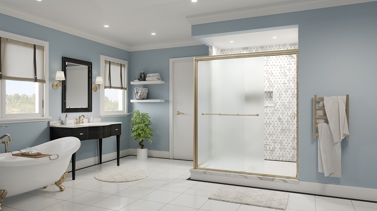Blunder 9 brushed bronze semi-frameless bypass shower doors Innovate Building Solutions #BrushedBronzeShowerDoors #SemiFramelessShowerDoors #BypassShowerDoors