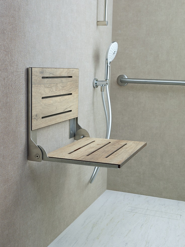 Pro 1 fold down shower seat in weathered teak | Innovate Building Solutions #WeatheredTeakShowerSeat #FoldDownShowerSeat #ShowerSeat