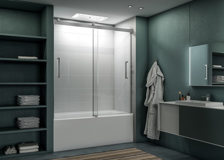 Factor 8 bypass sliding tub doors brushed nickel finish | Innovate Building Solutions #BypassSlidingGlassShowerDoors #GlassTubDoors #BypassGlassTubDoors