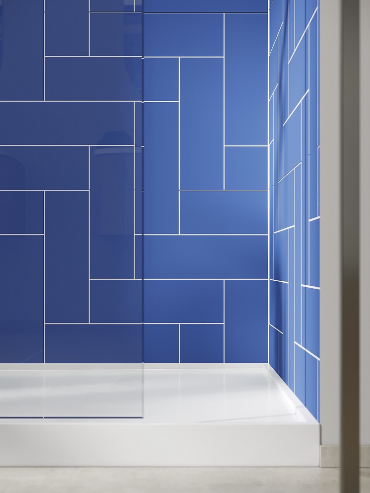 Product 1 ocean blue 90 degree herringbone shower wall surrounds | Innovate Building Solutions #HerringboneShowerWalls #BlueHerringboneShowerWallPanels #ShowerWallPanels