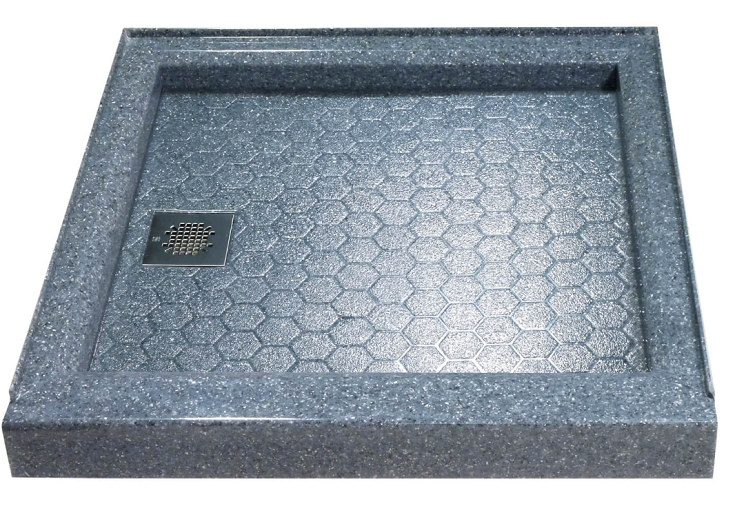 Product 9 hexagon mosaic grout free shower floor pan in cultured granite | Innovate Building Solutions #HexagonMosaicShowerPan #MosaicShowerPanNoGrout #GroutFreeShowerPan
