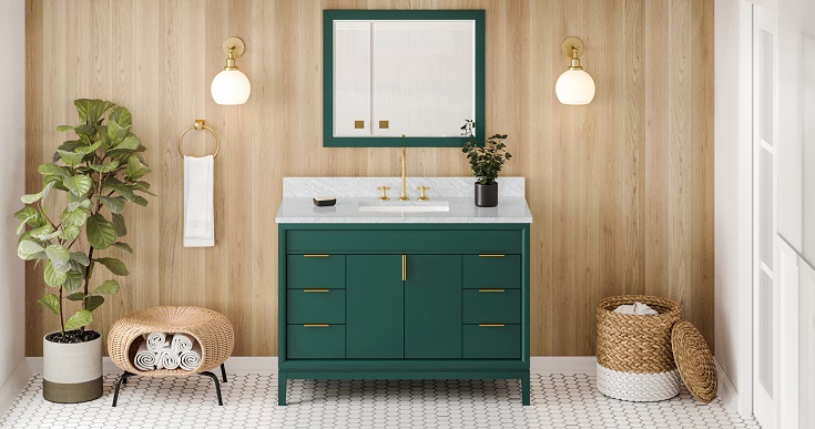 Problem 8 Forest Green bathroom vanity with brushed gold pulls easy to clean | Innovate Building Solutions #GoldBathroomHardware #BathroomAccessories #StylishBathroomVanity