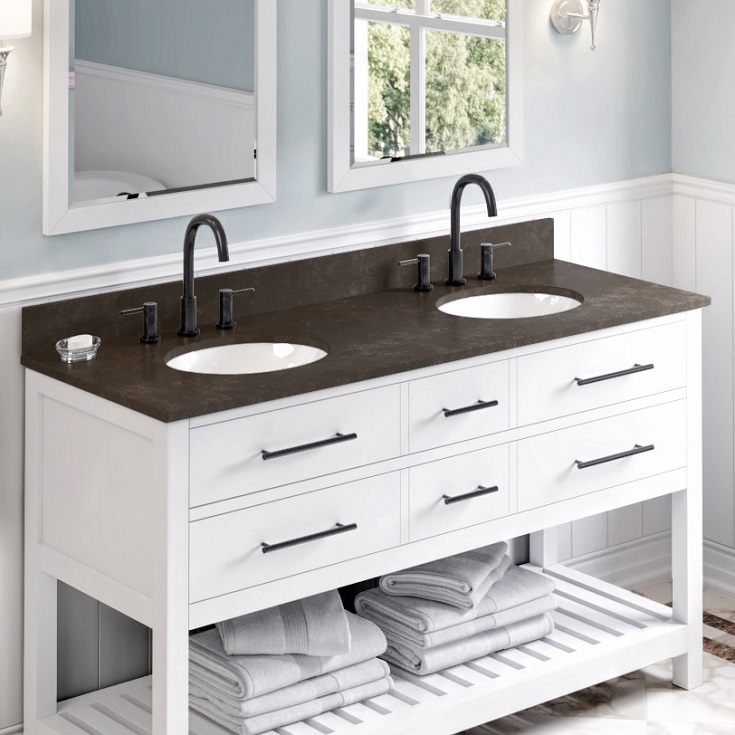 Factor 10 natural blue limestone vanity top in a transitionalist bathroom TOPO61LS_lifestyle1 | Innovate Building Solutions #LimestoneVanityTop #TransitionalistBathroom #TransitionalistBathroomVanity