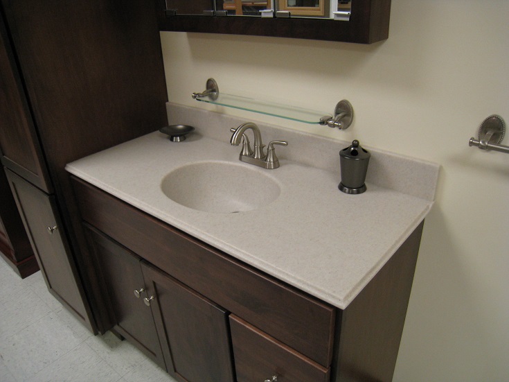 Factor 12 integrated all in one sink and countertop in cultured granite Innovate Building Solutions #IntegratedAllInOneSink #SinkAndCountertop #VanityTops