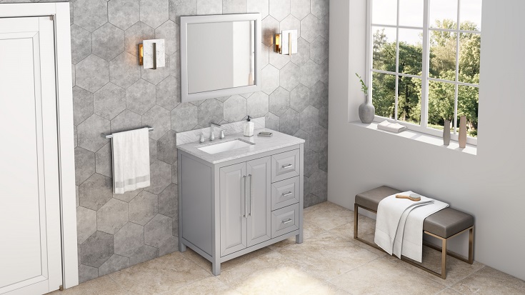 Factor 2 Feature 2 transitional 36 inch wide gray bathrooom vanity white carrara marble top Innovate Building Solutions #BathroomVanity #WhiteMarbleVanityTop #VanityCabinets