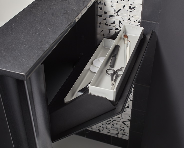 Factor 4 tip out drawer in a small vanity for extra room Innovate Building Solutions #TipOutDrawer #VanityStorage #VanityOrganization