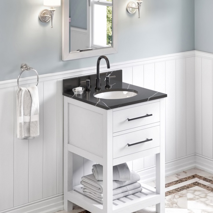 Factor 4 wow 4 engineered quartz calacatta black top 24 inch cabinet TOPO25BQ_lifestyle1 | Innovate Building Solutions #BathroomVanity #VanityMirror #VanitySink