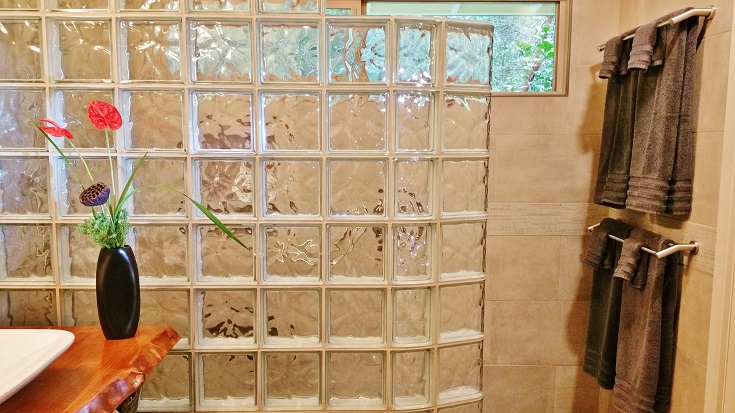 7 thin line glass block prefabricated shower wall live edge vanity top | Innovate Building Solutions #ThinLineGlassBlock #ShowerWallPanels #ShowerEnclosure