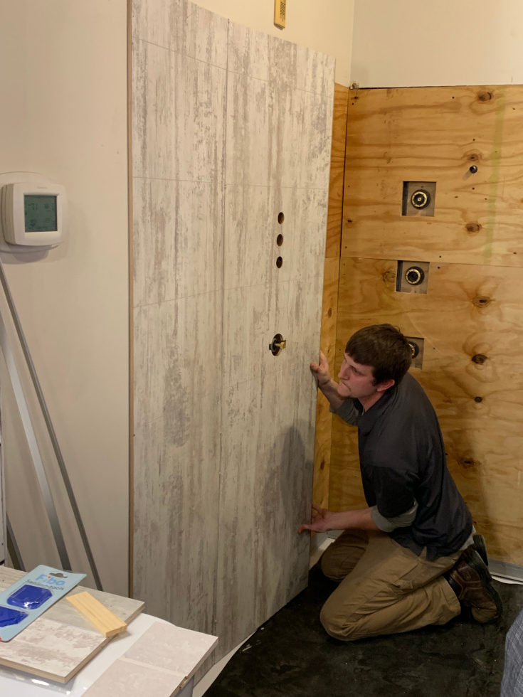 8 install laminate shower wall panels before installing a glass block shower wall | Innovate Building Solutions #LaminateShowerWallPanels #GroutFreeShowerWallPanels #ShowerWallPanels