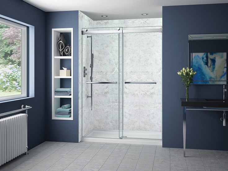 Idea 2 complete alcove shower kit white marble panels Innovate Building Solutions #AlcoveShower #AlcoveShowerKit #ShowerReplacementKit