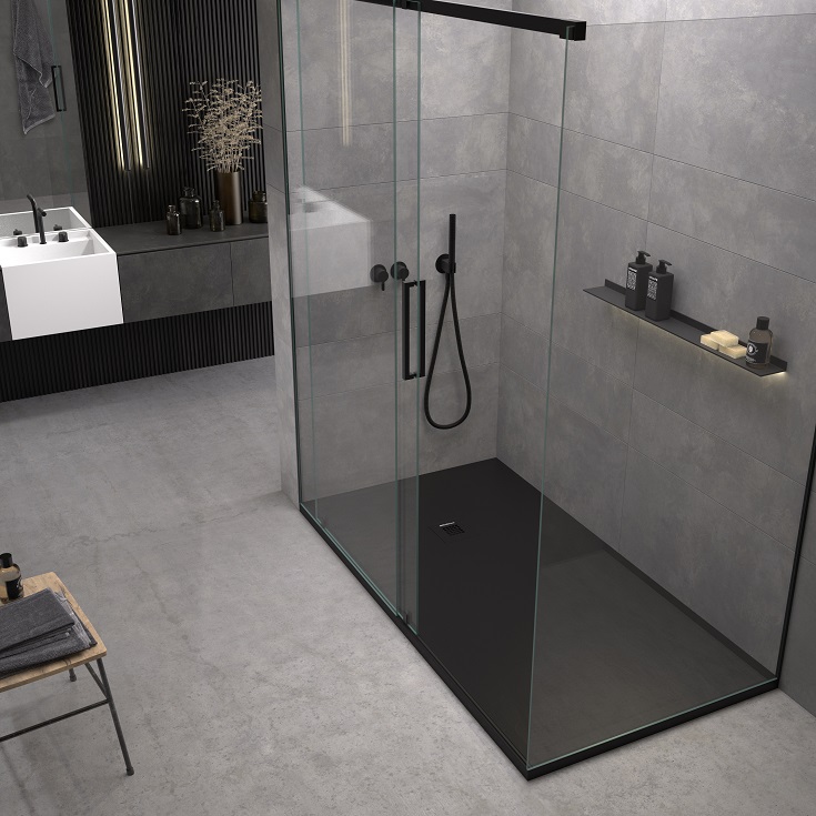Idea 8 matte black shower pan low threshold design | Innovate Building Solutions #ShowerPan #MatteBlackShowerPan #LowThresholdShowerPan