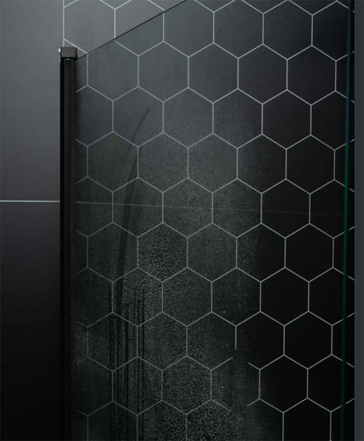 The good - design 5 black hexagon laminate grout free shower panels Innovate Building Solutions #BlackHexagonShowerDesign #ShowerWallPanels #ShowerRemodel