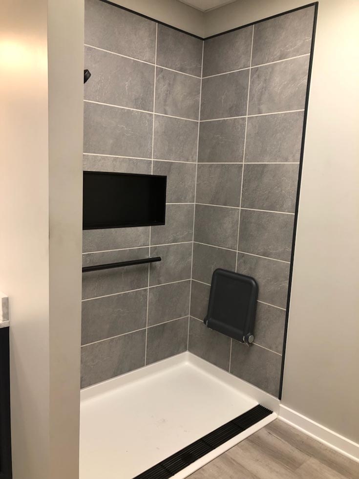 Step 2 black slate laminate wall panels roll in shower pan 
