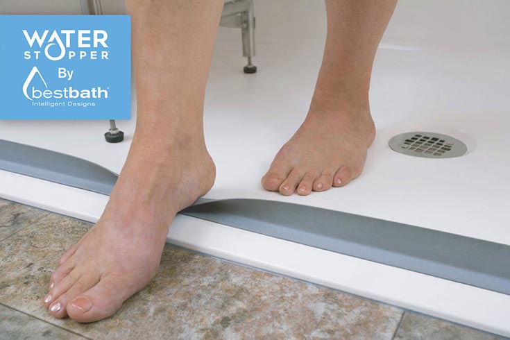 Water stopper in a beveled edge roll in shower pan