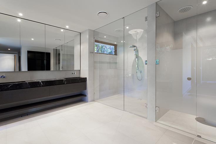 Hot 4 transom window in one level shower in a contemporary bathroom