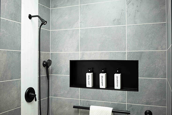 Hot 5 large matte black horizontal recessed niche and textured laminate shower panels | Innovate Building Solutions | Bathroom Remodeling Ideas | Niche black matte
