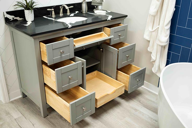 Hot 5 pull out drawers in a shaker style gray vanity cabinet Innovate Building Solutinos