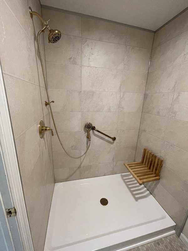 Fibo laminate wall panels for showers bathrooms and aging in place