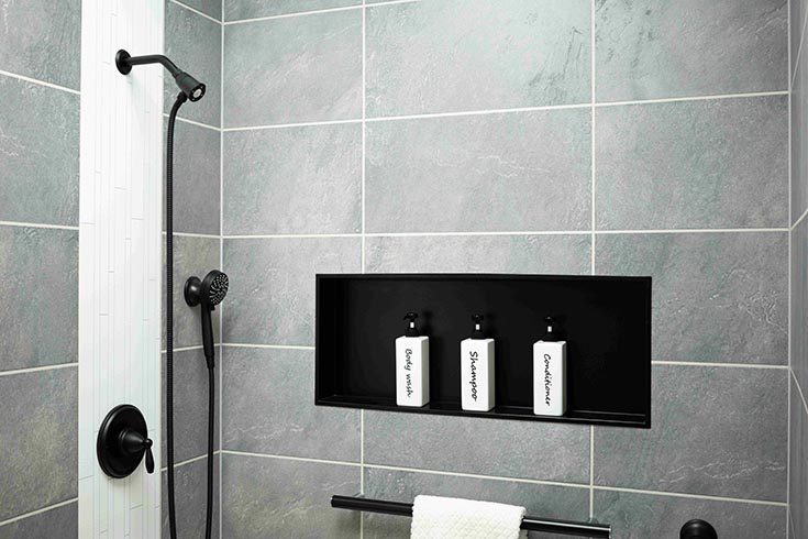 Solution 10 matte black oversized niche inside wall panels | Innovate Building Solutions | Wall Panels | Shower Niche