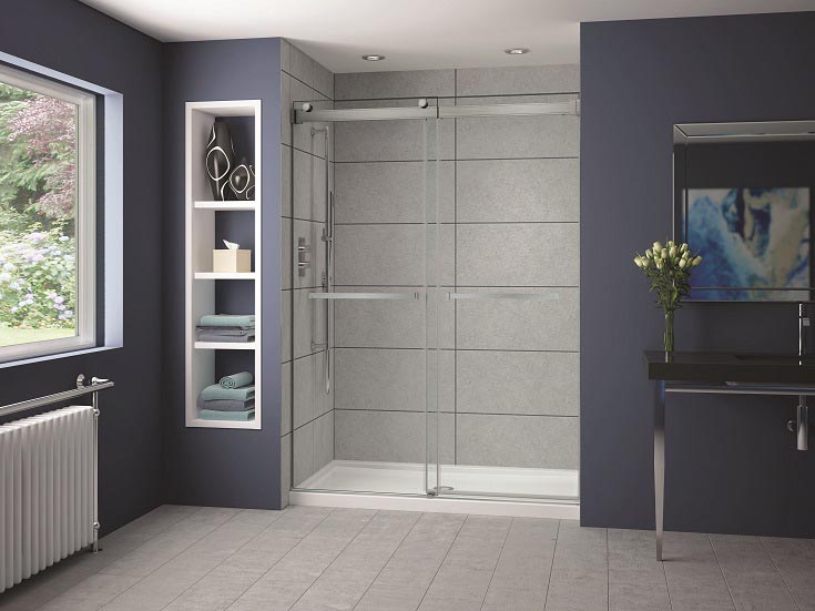 Solution 11 frameless brushed nickel bypass shower door | Innovate Building Solutions | Frameless Glass Shower Door | Glass door