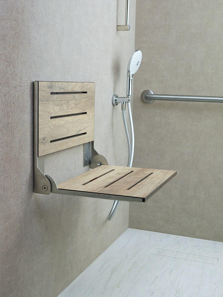 Solution 13 fold down faux teak seat | Innovate Building Solutions | Bathroom Remodel Fold Down Seat | Bathroom remodeling