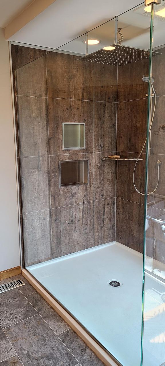 Idea 6 - 3 dimensional rough wood shower panels | Innovate Building Solutions | wall panel ideas | Bathroom remodeling ideas | laminate wall panels