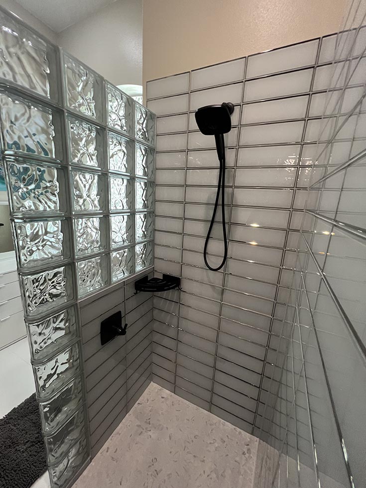 Part 1 silver glass tile shower surround | Cleveland Ohio Bathroom Remodeling Companies | Bathroom Remodeling Design | shower design ideas