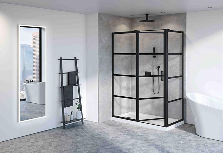 Problem 3 matte black pivot shower door with a return | Innovate Building Solutions | matte black frameless shower Door | glass shower door