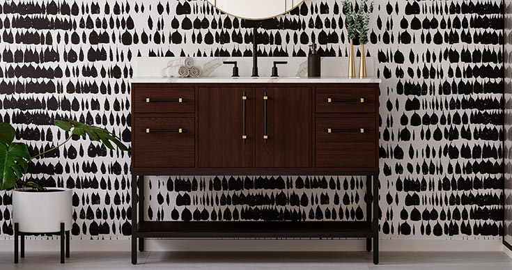 Reason 8 darker wood vanity cabinet with an open bottom | Innovate Building Solutions | Vanity Top | Bathroom Vanity Ideas