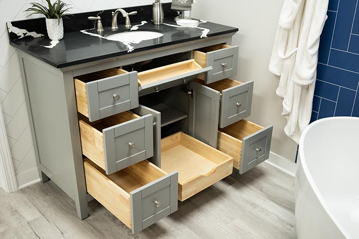 Reasons 7 pull out drawers and adjustable shelves vanity Innovate Building | Vanity Top | Granite Vanity Top | Pull out drawers