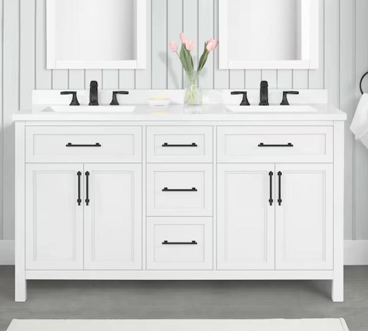 Sign 7 vanity 1 white shake cabinet matte black handles credit lowes.com | Innovate building solutions | Bathroom remodeling ideas | Bathroom design | Vanity bathroom