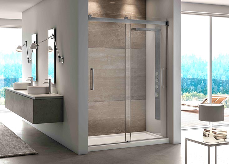 Sign 8 semi-frameless brushed nickel bypass glass shower door | Innovate Building Solutions | Bathroom Remodel | Glass Shower Door | Frameless shower door