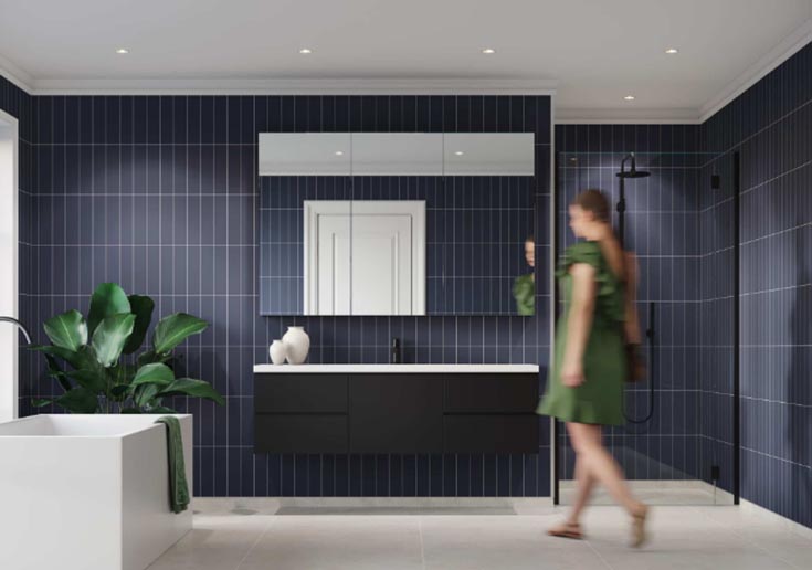 Trend 7 - idea 2 Smokey Blue Stacked Subway Tile shower panels | Innovate Building Solutions | Bathroom Design Trends | Bathroom Remodeling ideas for 2024 | Cleveland Remodeling Near Me
