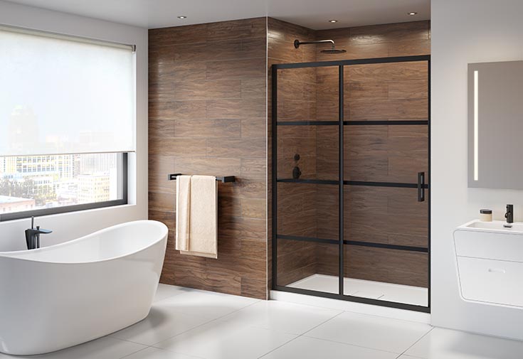 Section 1 Reason 1 60 x 32 shower pan with matte black grid doors | Innovate Building Solutions | Bathroom shower base | Shower design ideas | bathroom remodeling ideas | Cleveland bathroom remodeling
