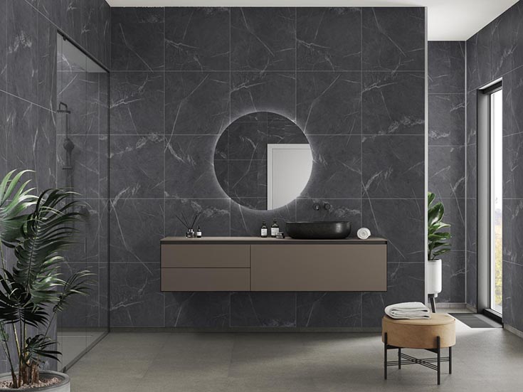 Transitionalist black marble wall panels | Innovate Building Solutions | Black Marble 24x24 | Shower Design ideas | Bathroom Remodel | Wall Panels Pattern | Transitional