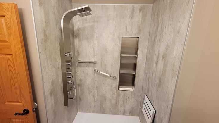 Trend 7 - 41 inch cracked cement laminate shower panels for a quicker installation | Innovate Building Solutions | Bathroom Remodel | Quick Shower Pan Install | Bathroom Remodel ideas