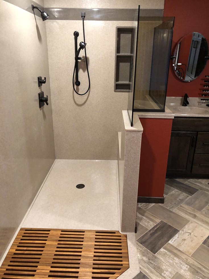 Option 8 solid surface cultured granite shower panels | Innovate Building Solutions | bathroom remodeling ideas | Cultured Granite wall panels | Shower design ideas | Custom shower bases