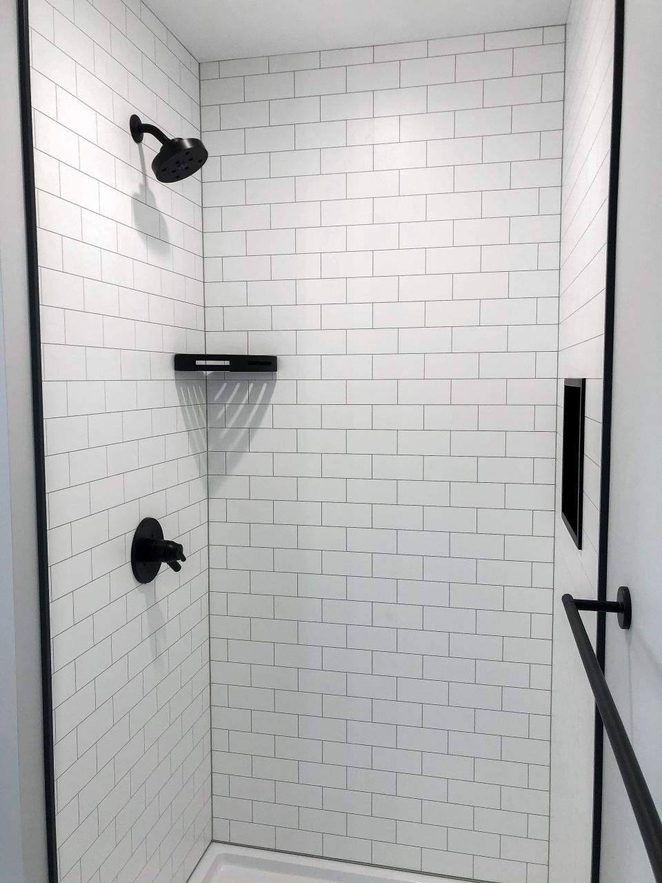Advantage 1 white subway tile laminate wall panels black trim | bathroom Design | Shower Remodel Ideas | DIY Bathroom Remodel