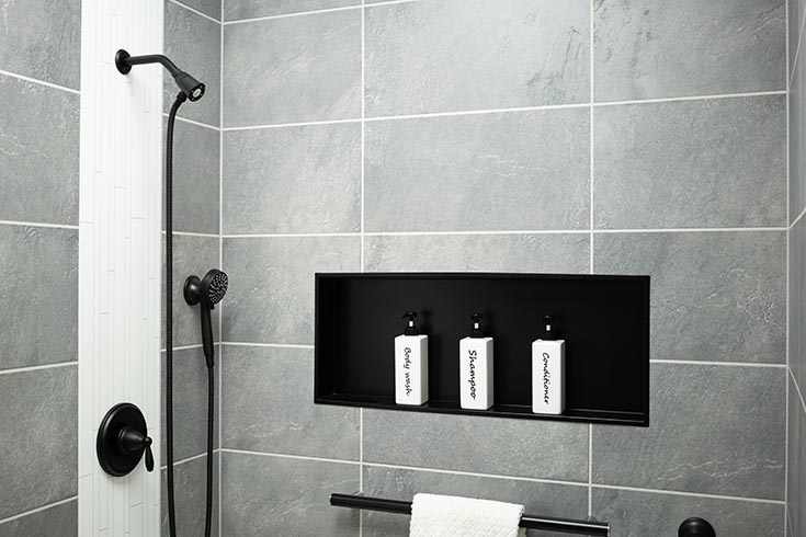 Fact 9 matte black niche and matte black grab bar | Cleveland Bathroom Contractors | Bathroom remodeling on a budget | Shower Remodeling tips