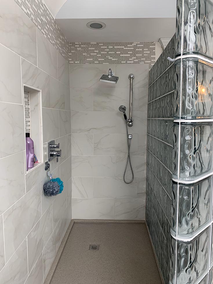 Step 4 option 2 glass block shower with custom solid surface shower pan | Innovate building Solutions | Glass Block Shower Walls | Shower wall design ideas | DIY Shower Remodel