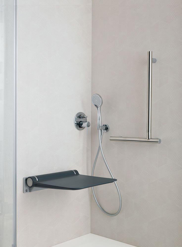 Seating- fold down graphite shower seat | Innovate building solutions | Bathroom Remodel | home improvement Ideas | Cleveland Renovation | Real-estate Cleveland