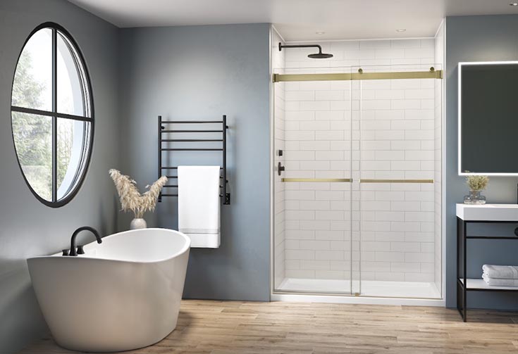 Secret 8 - matte brass sliding glass shower door Innovate Building Solutions, Cleveland Ohio Bathroom Contractors, Home Improvement Tips, Glass Shower Doors, Bypass shower door design