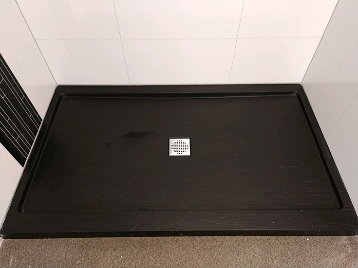 Section 1 example 1 matte black shower pan, Innovate Building Solutions, Solid Surface Shower Pan, Modern Shower Design, Easy Clean Bathroom, DIY Shower Aesthetic