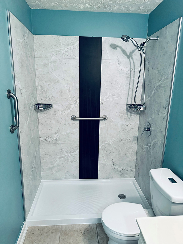 Tip 5 grab bars added onto shower surround panels - Innovate Building Solutions, Accessible Bathroom Designs, Shower Accessory Options, Age In Place Showers, Bathroom Remodeling Safety