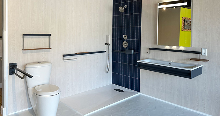 Question 5 credit JTEK solutions - light wood stacked subway panels - Innovate Building Solutions, Accessible Shower Needs, Shower Accessory Needs, Bathroom Redesign Ideas, Bathroom Shower Concepts