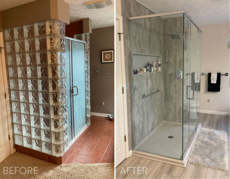 Opening paragraph before after glass block shower and clear glass shower - Innovate Building Solutions, Glass Block Shower Wall, Glass Shower Doors, Bathroom Remodeling Projects, Modern Bathroom Showers