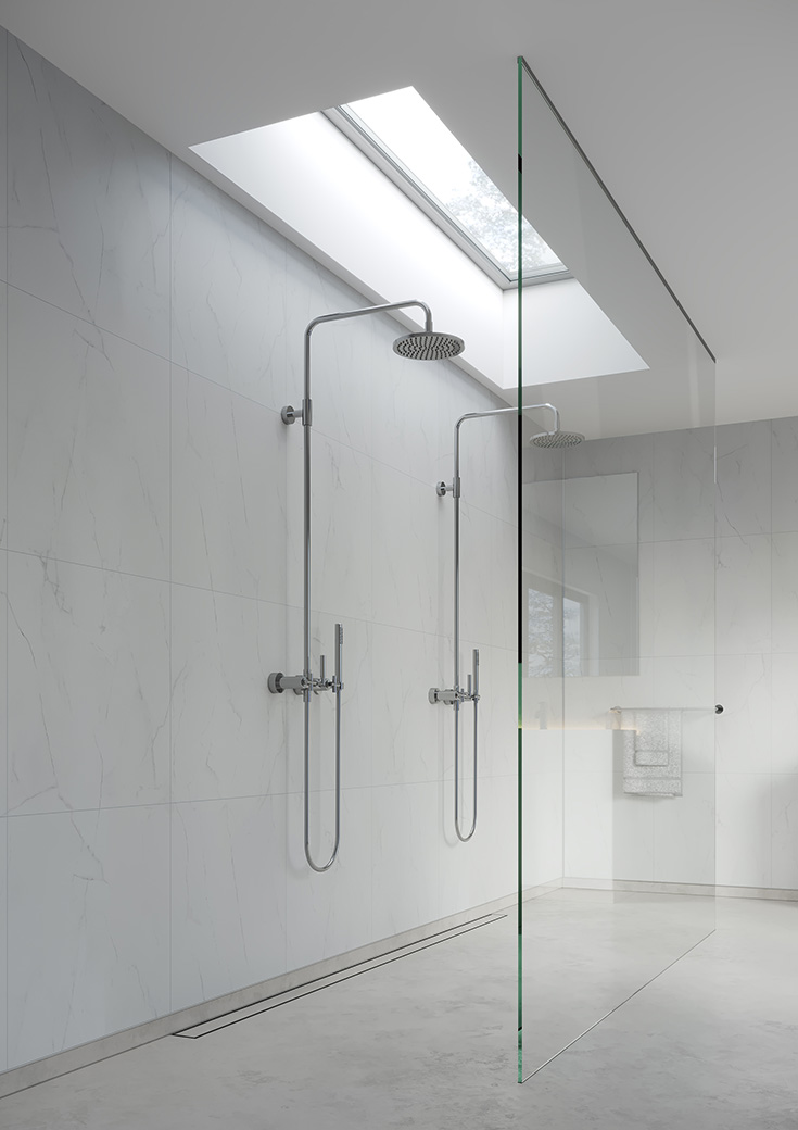 Out example 1 bianco marble roll through glass shower - Innovate Building Solutions, Cleveland Ohio Custom Showers, Clear Glass Shower Walls, DIY Bathroom Showers, Shower Walls and Doors