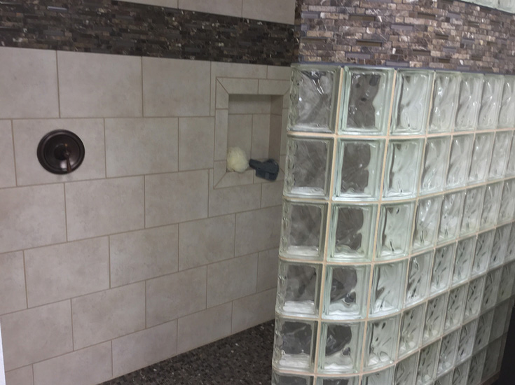 Out example 6 need to put shower valve in opening glass block shower - Innovate Building Solutions, Custom Walk-in Shower Needs, Glass Block Wall Designs, Glass Block Shower Wall, Bathroom Shower Remodeling