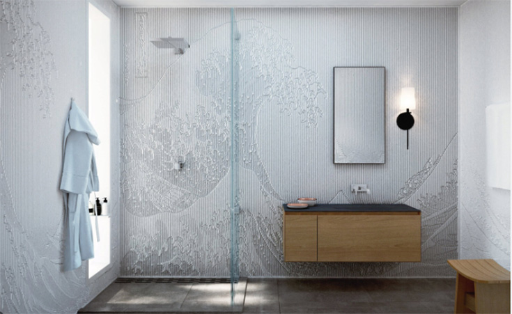 Section 1 option patterned solid surface multidimensional wall panels credit MR Walls - Innovate Building Solutions, Modern Shower Concepts, Bathroom Shower Needs, Shower Wall Panel Options, Bathroom Renovation Ideas